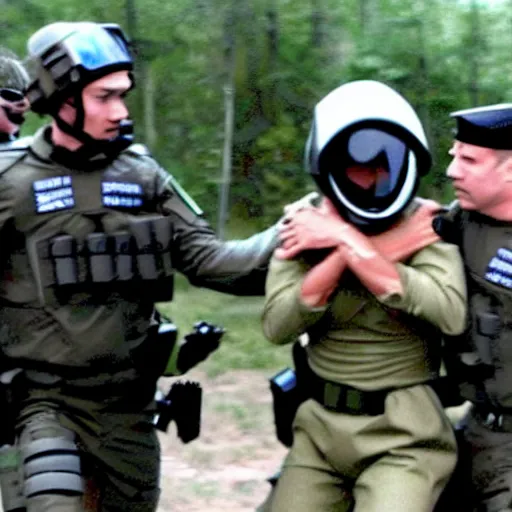 Prompt: extraterrestrial, zeta reticulan, being arrested by russian special forces