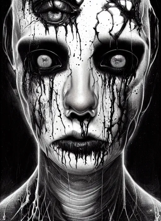 Image similar to a dream portrait of a shy boy, black & white, melting, webbing, 8 k, by tristan eaton, stanley artgerm, tom bagshaw, greg rutkowski, carne griffiths, ayami kojima, beksinski, giger, trending on deviantart, face enhance, hyper detailed, minimalist, horror, alien