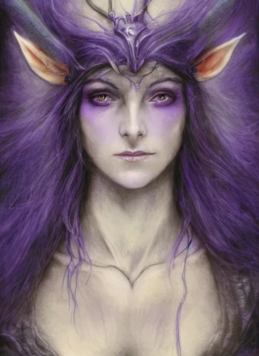 Image similar to portrait of young female sorceress of the endtimes, transluscent skin, lavender hair, beautiful! coherent! dungeons and dragons character, by brian froud, strong line, cool night color, high contrast