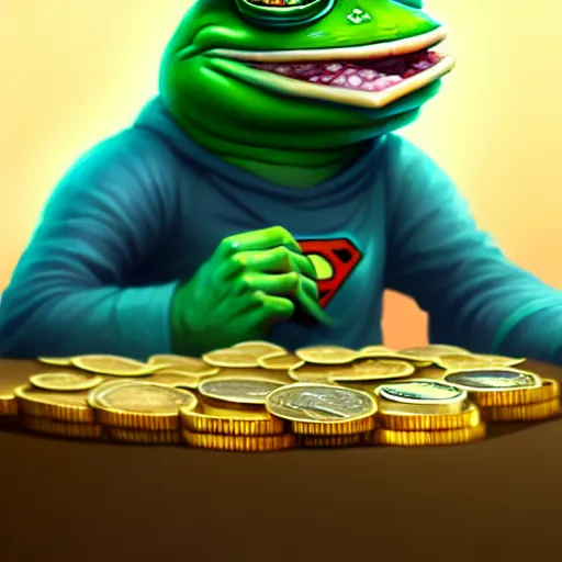 Image similar to super rich happy pepe, luxury, treasury, coins, money, hyper detalied, blue crystals, greg rutkowski, artstation