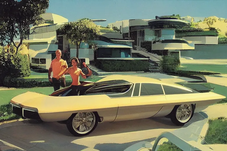 Prompt: a scene of two people standing beside a single retro futuristic car made of reflective metal, on a sloping driveway that leads up to a scifi house on a hill, gardens with flower beds, lawns, futuristic statues, a view of a city far below, syd mead, john berkey, rick berry