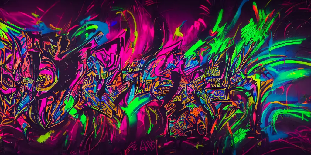 Prompt: a single gritty psychedelic graffiti art piece sprayed on a black background and surrounded by darkness, concept art, 4 k, unreal render, octane, trending on artstation, graphic design, dark color scheme