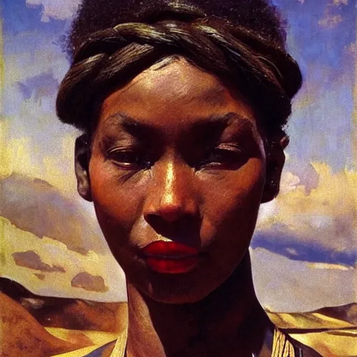 Prompt: a stunning masterful portrait of a confident african tribe woman with braided hair and a sad eyes by andrew wyeth, john singer sargent, and norman rockwell, natural light, oil painting, ethereal, wong kar wai, strong brushwork