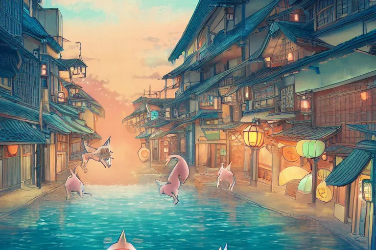 Image similar to fantasy art of glowing cute caracal swimming in the air, in the streets of a japanese town at night, with people watching in wonder, in the style of ponyo, highly detailed digital art, trending on artstation