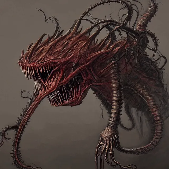 Prompt: concept art of a impossiblely long demonic wormlike creature with mismatched animal features with its bloody mouth open wide revealing too many teeth in the style of zdzisław beksinski in the style of h. r. giger trending on artstation deviantart pinterest furaffinity detailed realistic hd 8 k high resolution