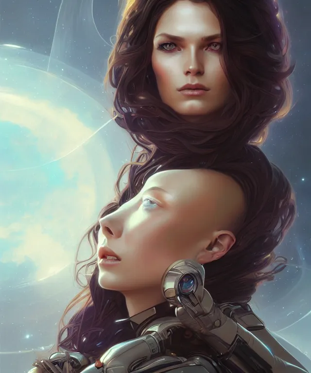 Image similar to futuristic woman portrait, sci-fi, amber eyes, face, long hair, fantasy, intricate, elegant, highly detailed, digital painting, artstation, concept art, smooth, sharp focus, illustration, art by artgerm and greg rutkowski and alphonse mucha