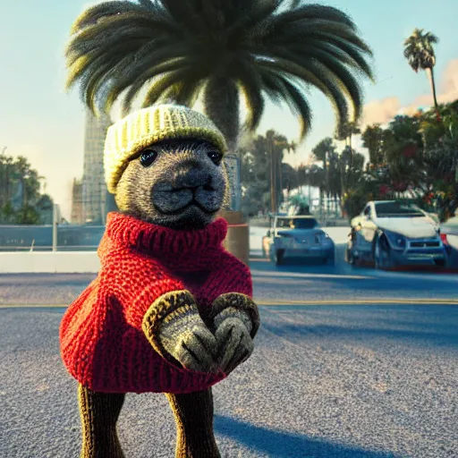 Prompt: a photorealistic photograph of a knitted cute Capybara wearing sunglasses and dressed in a beanie cap in addition to riding on a blue motorcycle in Hollywood at dusk. Palm trees in the background. This 4K HD image is Trending on Artstation, featured on Behance, well-rendered, extra crisp, features intricate detail and the style of Unreal Engine.