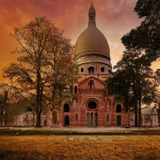 Prompt: abandoned Basilica of Sacré Coeur de Montmartre, toxic orange and pink clouds strain the sunlight, stark contrasting lighting, contrejour, a two-headed mutated deer-like creature looks on in the distance from the sparse twisted silhouetted foliage, a highly detailed colorful matte painting by Scott Listfield and Mikko Lagerstedt, featured on Artstation, Unreal Render, 8k HDR, fisheye