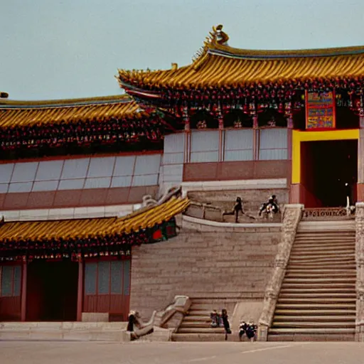 Image similar to a Kaiju Pulgasari overshadowing a Korean palace, Kodachrome 35mm cinemascope, Kim Jong-il production