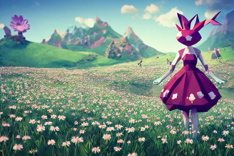 Prompt: ( lowpoly ) ps 1 playstation 1 9 9 9 running ( anthropomorphic ) ( ( lurantis ) ) maid wearing a hat standing in a ( field of daisies ), mount coronet in the distance digital illustration by ruan jia on artstation