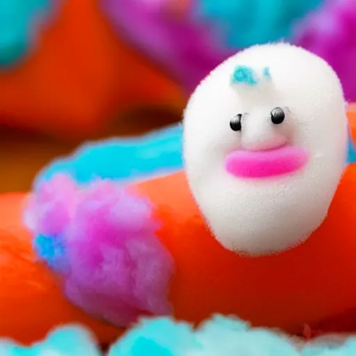 Image similar to photo of a cute caterpillar made of cotton candy that looks like a cute clown