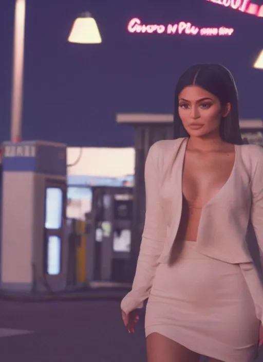 Image similar to a pov, color cinema film still of kylie jenner at a gas station, ambient lighting at night, from better call saul ( 1 9 9 9 ).