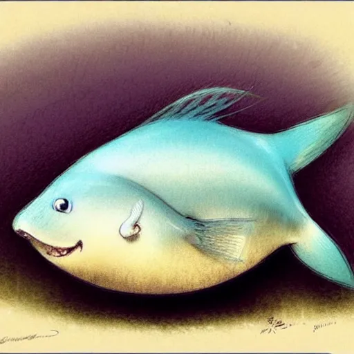 Prompt: ( ( ( ( ( obese rotund flabby cartoon fish. muted colors. ) ) ) ) ) by jean - baptiste monge!!!!!!!!!!!!!!!!!!!!!!!!!!!