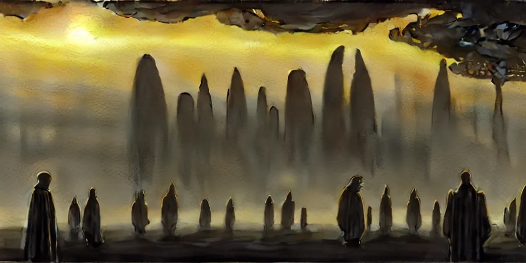 Prompt: a hyperrealist watercolor concept art of a giant alien ship from independence day on the horizon of a futuristic city in stonehenge. a medieval monk in grey robes is in the foreground. golden hour. very muted colors, by rebecca guay, michael kaluta, charles vess. high detail, hq, wide shot, 4 k