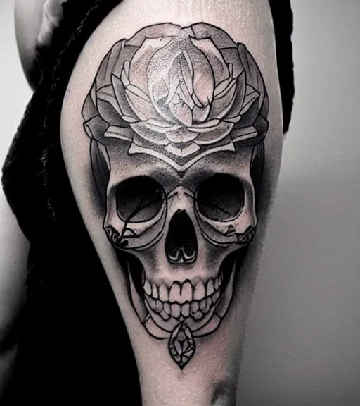 Image similar to a beautiful tattoo design with a creative skull, hyper realistic, black and white, realism, highly detailed