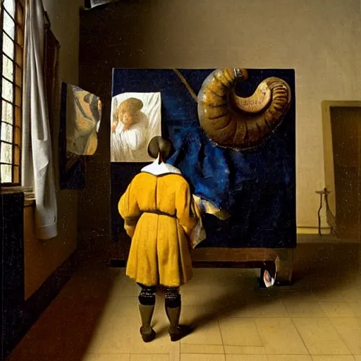 Image similar to Oil painting of an artificial intelligence examining an ammonite fossil in the style of The Astronomer by Johannes Vermeer, 1666, highly detailed