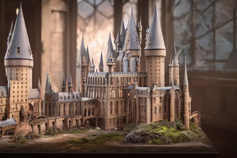 Prompt: photo of hogwarts as a highly detailed dollhouse, interior view, extreme details, soft lighting, crepuscular rays, hyper realistic octane render, depth of field 8 k