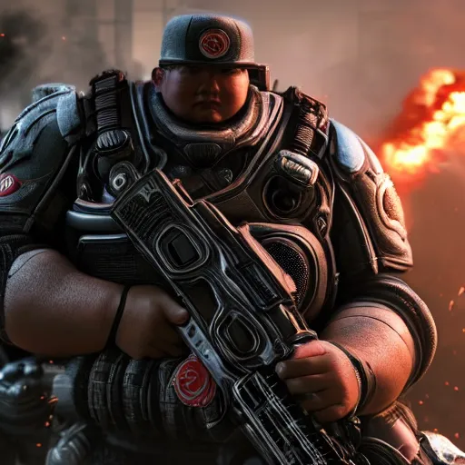 Image similar to kim - jong un in gears of war, splash art, movie still, detailed face, cinematic lighting, dramatic, octane render, long lens, shallow depth of field, bokeh, anamorphic lens flare, 8 k, hyper detailed, 3 5 mm film grain