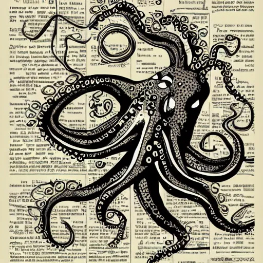 Image similar to octopus reading a newspaper!! highly detailed, digital painting, manga style