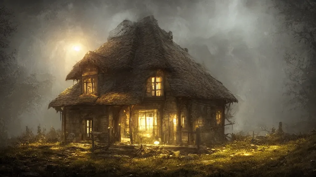 Prompt: A dark decrepit cottage on a hilltop at night, by Bastien LeCouffe-Deharme, hyperrealistic, Cryengine 8k UHD