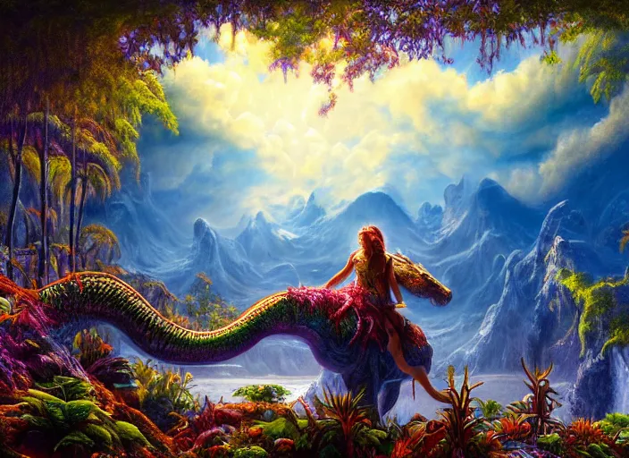 Image similar to photorealistic fantasy oil painting, great leviathan, magical unicorn, rainforest mountains, lush plants flowers, epic natural light, bright clouds, luminous sky, outer worlds, bright cinematic lighting, michael cheval, michael whelan, vray, 8 k hd