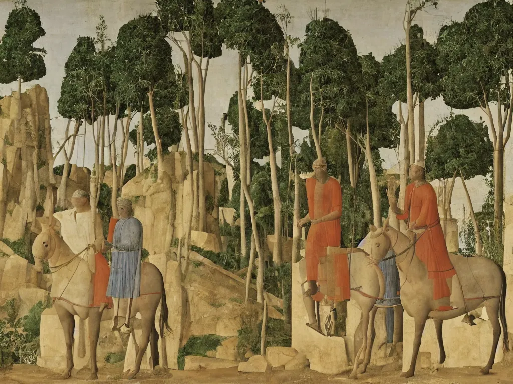 Image similar to Three men on a black horse are entering a cave ferns palms. Painting by Piero della Francesca