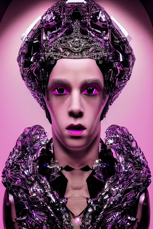 Image similar to hyper detailed ultra sharp portrait of baroque and bladerunner delicate glowing diamond sculpture of seductive muscular albino young spanish rock and roll king, pink diamond black metallic sphinx iridescent humanoid deity wearing black cloak holding a prismatic gem, glowing pink face, crown of white diamonds, cinematic lighting, photorealistic, octane render 8 k depth of field 3 d
