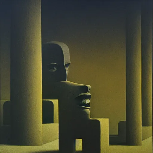 Image similar to soft focus with deep shadows, dystopian surreal painting of eerie grinning head statues and block buildings by zdzisław beksinski