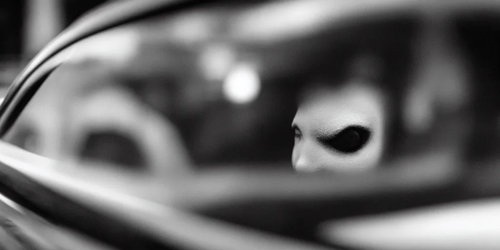 Prompt: a scary woman with holes for eyes, seen through a car rear view mirror, it's in the back seat, shallow depth of field, cinematic, horror movie