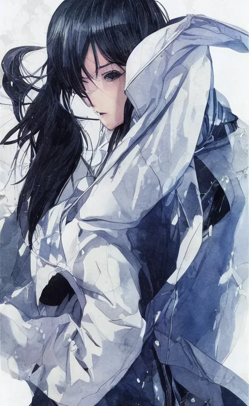 Prompt: a copic maker portrait by yoshiyuki sadamoto and greg rutkowski a of a beautiful girl defined feautures wearing an oversized anorak by balenciaga and issey miyake men