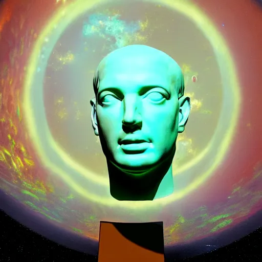 Prompt: 3 d sci - fi cgartist rendering of a hyper realistic marble greek statuary bust floating in space, at the vast pulsating interdimensional fractal space portal at the psychedelic vaporwave event horizon by chris moore, by edward hopper, by col price, trending on artstation