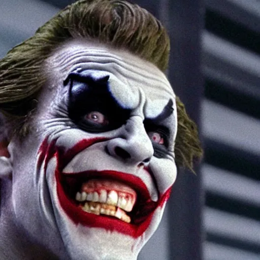 Image similar to film still of Willem Dafoe playing The Joker in The Dark Knight, 4k