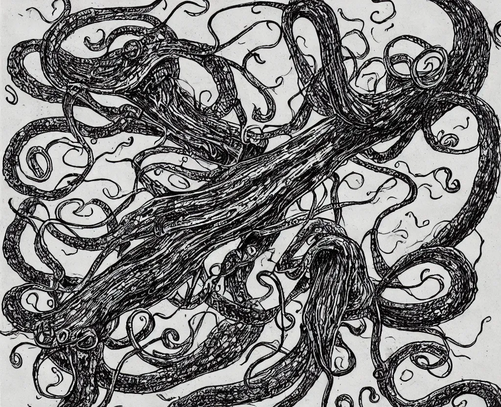 Prompt: a drawing of a giant squid with evil tentacles reaching all around the world, in the style of edward gorey