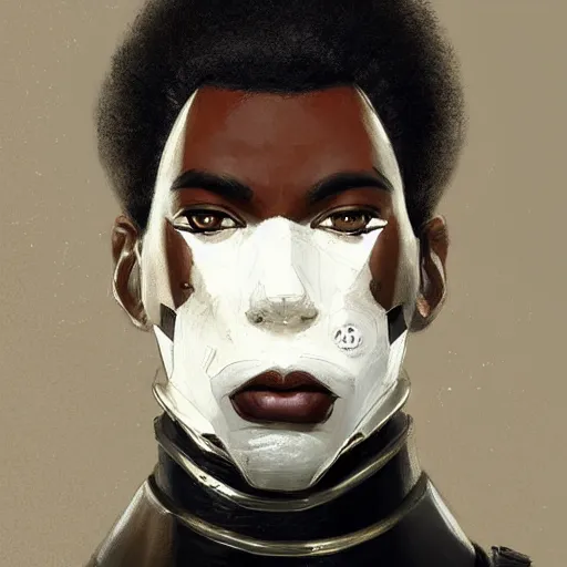Image similar to portrait of a man by greg rutkowski, he is about 2 0 years old, afrojapanese, afro hair, young, very tall and slender, he is wearing a futuristic police gear, highly detailed portrait, digital painting, artstation, concept art, smooth, sharp foccus ilustration, artstation hq