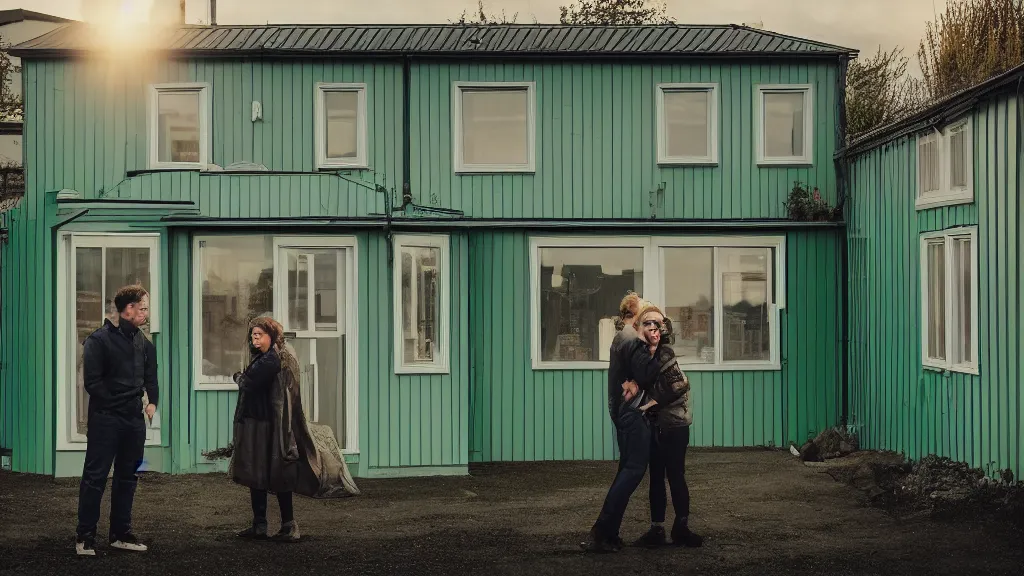 Image similar to a couple, green house, quiet street, reykjavik, sunset lighting, rim light, hyper realistic, 1 0 5 mm, cinematic frame