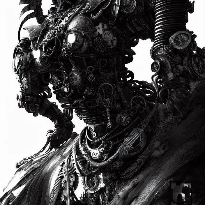 Image similar to a vertical portrait of a character in a scenic environment by nihei tsutomu, black and white, dreamy, steampunk bioarmor, highly detailed, 3 d render, vray, octane, realistic lighting