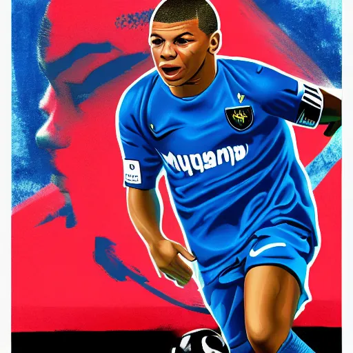 Prompt: kylian mbappe dressed with the malaga football team shirt and malaga badge, 4 k, high contrast colors, hyper detailed!!, super fine inking lines