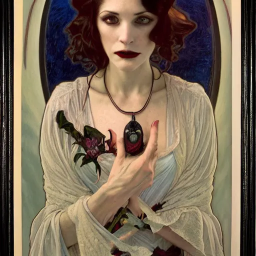 Image similar to portrait of a lady vampire, 35mm, 1920', depth of field, ominous, sharp, photorealistic, realistic, high definition, 8k, deviantart, donato giancola, irwin penn, Alphonse Mucha