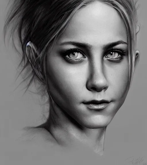 Prompt: aniston, beautiful piercing eyes, realistic face, black and white drawing, in the style of greg rutkowski, fantasy, amazing detail, epic, intricate, elegant, smooth, sharp focus