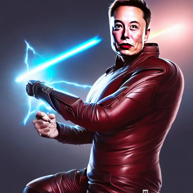 Image similar to elon musk power warrior with light powers, highly detailed, 4 k, hdr, smooth, sharp focus, high resolution, award - winning photo, artgerm, photorealistic