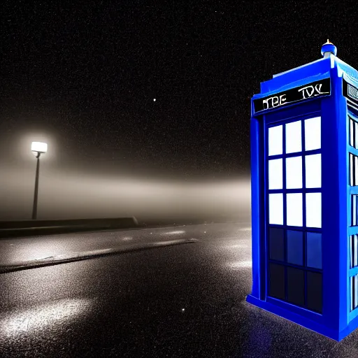 Image similar to a hyperdetailed photograph of the tardis sat on a futuristic street corner, night, dense fog, rain, hd, 8 k resolution