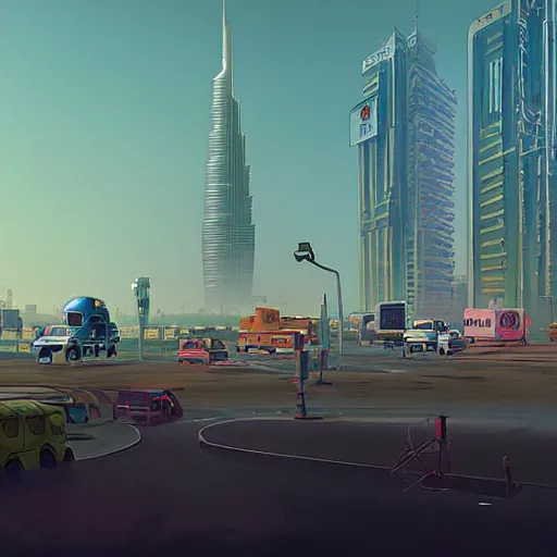 Image similar to gta : dubai, by simon stalenhag