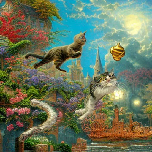 Prompt: flying cats by arthur adams, thomas kinkade, igor zenin, gilbert williams, bruce pennington, martin johnson heade, andreas franke, andreas achenbach, yoshitaka amano, guy billout, artur bordello, michael cheval