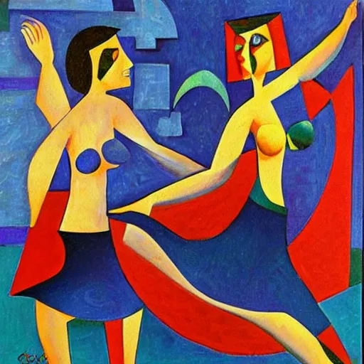 Prompt: two Russian Women in the moonlight dancing by the ocean , high quality art in the style of cubism and georgia o’keefe,