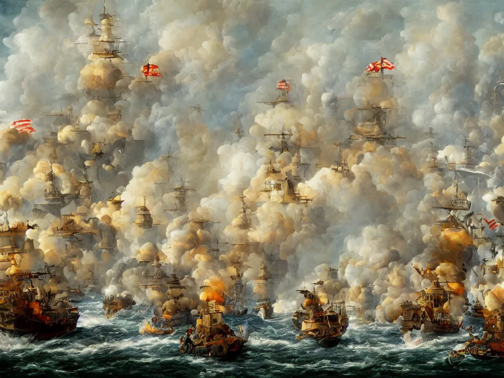 Image similar to An oil painting of a naval battle with cannons, highly detailed, intricate, 4k, masterpiece