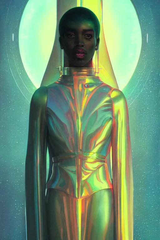 Image similar to patron saint of 🛸🌈👩🏾, futuristic clothing, neon god of city character portrait, in the style of moebius, tom bagshaw, and waterhouse, cinematic lighting, beautiful, elegant, oil painting,