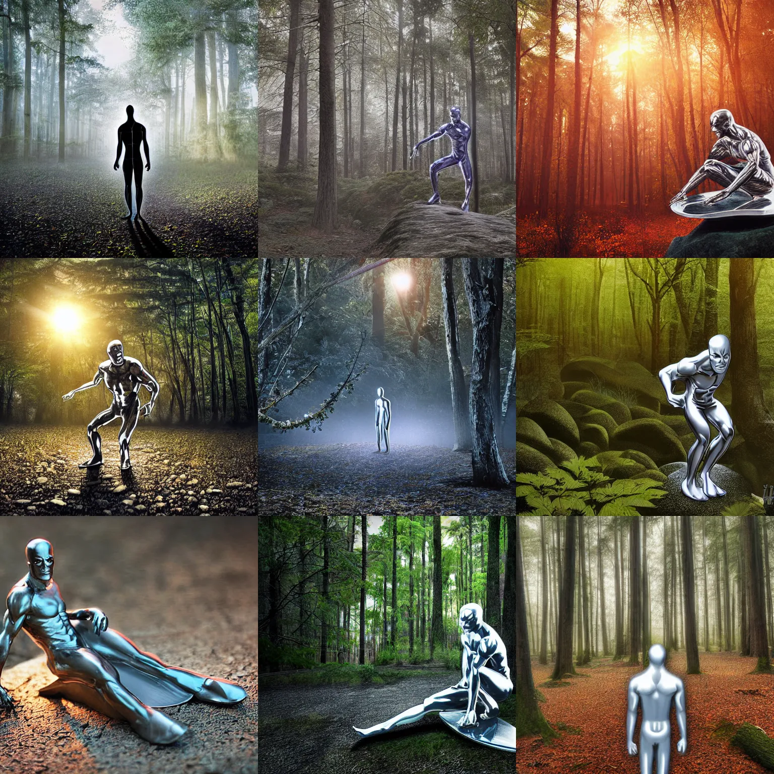 Prompt: silver surfer in a japanese forrest at dawn, very detailed hd-photograph