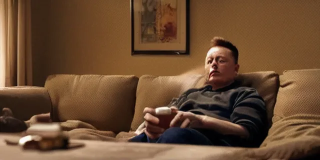 Prompt: full room shot of sad bald poor elon musk drinking a can of beer in the couch while watching tv in a dirty house, very realistic photograph, cinematic lighting, dardenne brothers, trailer park boys