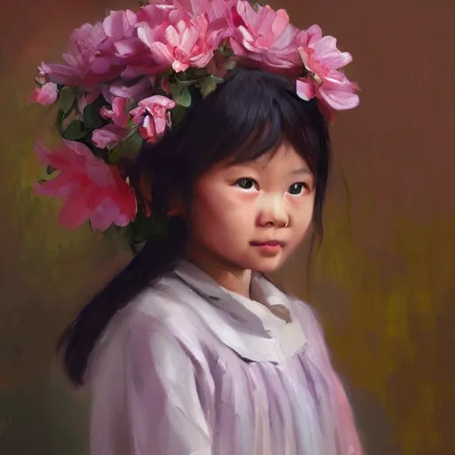 Prompt: Asian little girl holding flowers, bust, oil painting,CG,HD,8K