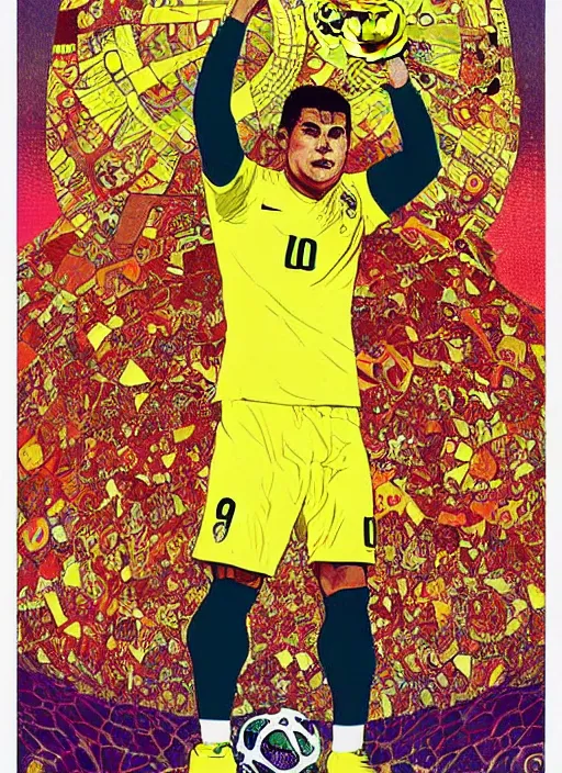 Prompt: fractal og ronaldo nazario r 9 short haircut wearing number nine 2 0 0 2 world cup brazil goal, poster art by poster art by victor moscoso dan mumford kilian eng hannah jeffrey smith rick griffin alphonse mucha gustav klimt ayami kojima amano charlie